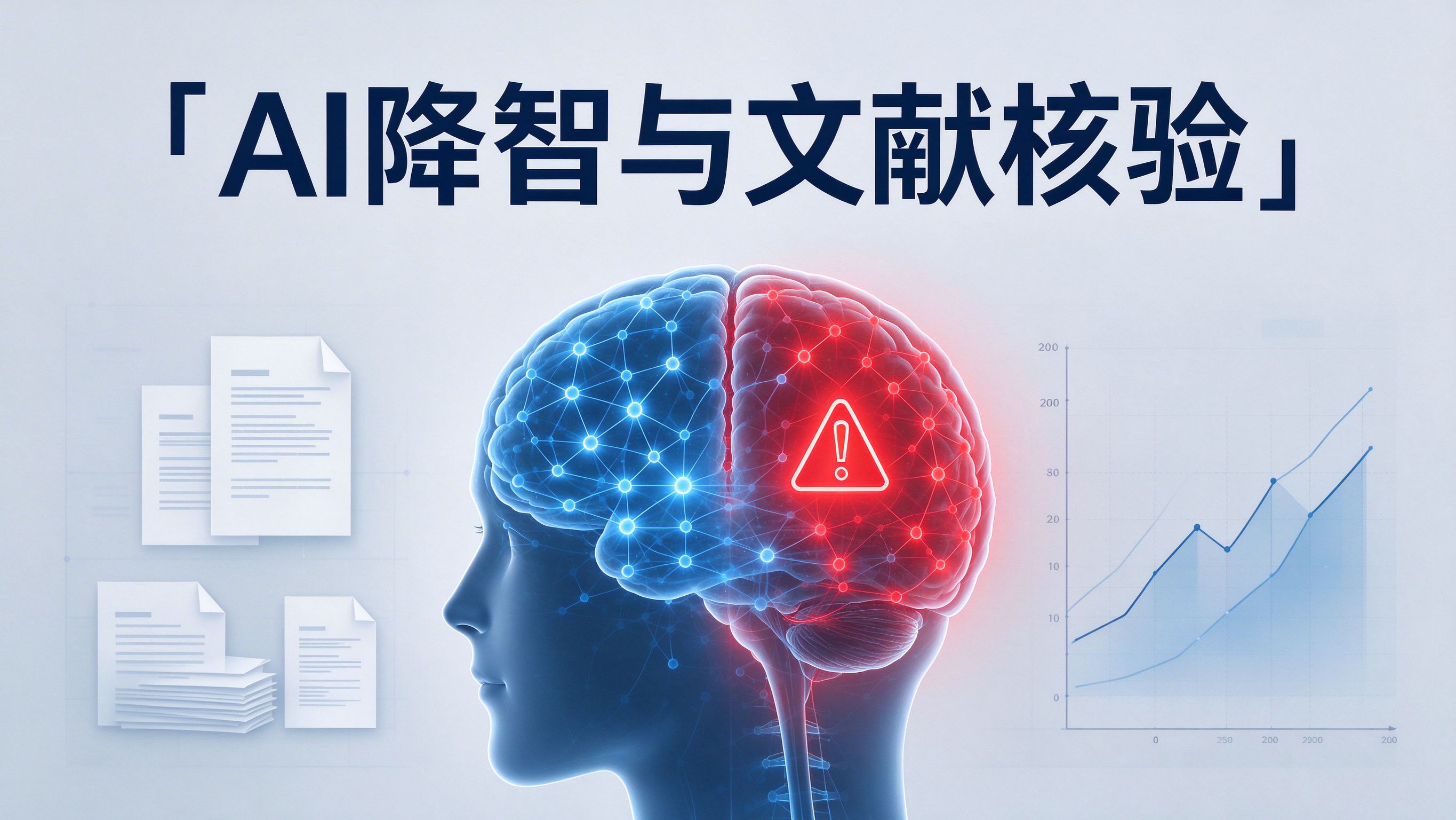 AI 降智与文献核验封面：蓝红分色大脑与文献图表